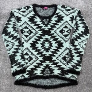 Y2K Say What Sweater Women's Large Green Long Sleeve Aztec Western Cozy Fuzzy